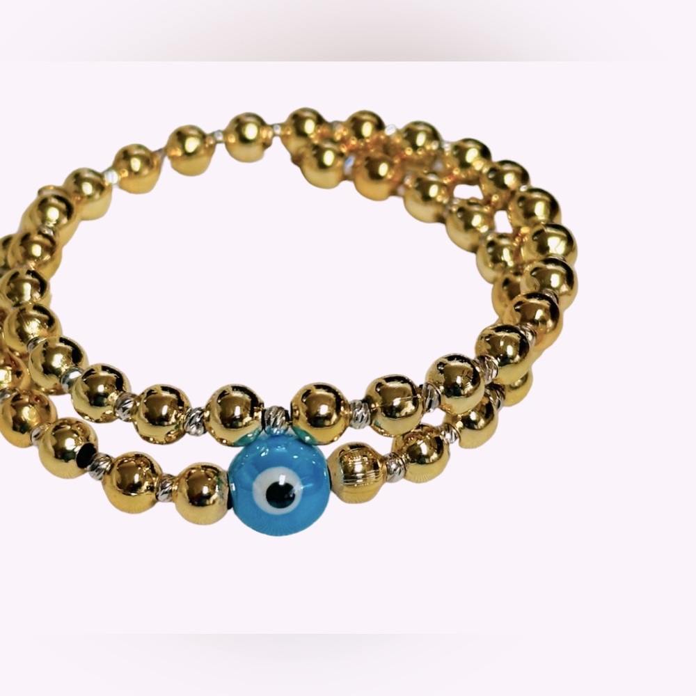 Stainless Steel Gold Plated ball style wrap evil eye bracelet